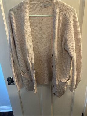 LOFT Cream Speckled Knit Button-Front Cardigan